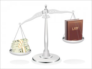 Weighing Scale with law on one side and money on the other